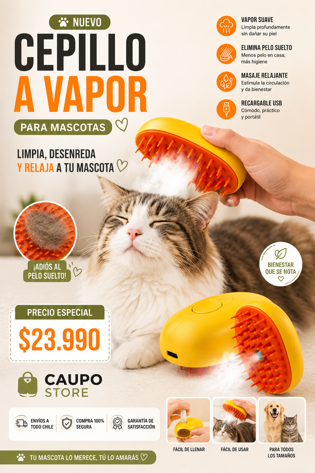 Cepillo a Vapor 3 en 1 para Perros y Gatos / Elimina Pelo, Limpia y Masajea