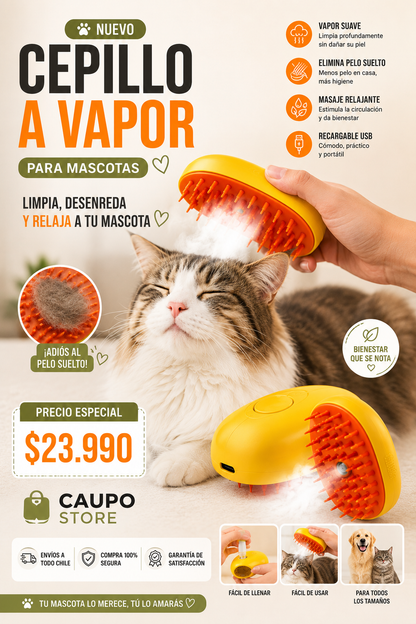 Cepillo a Vapor 3 en 1 para Perros y Gatos / Elimina Pelo, Limpia y Masajea
