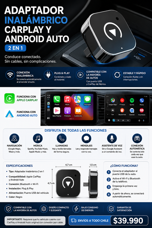 Adaptador Inalámbrico CarPlay y Android Auto 2 en 1
